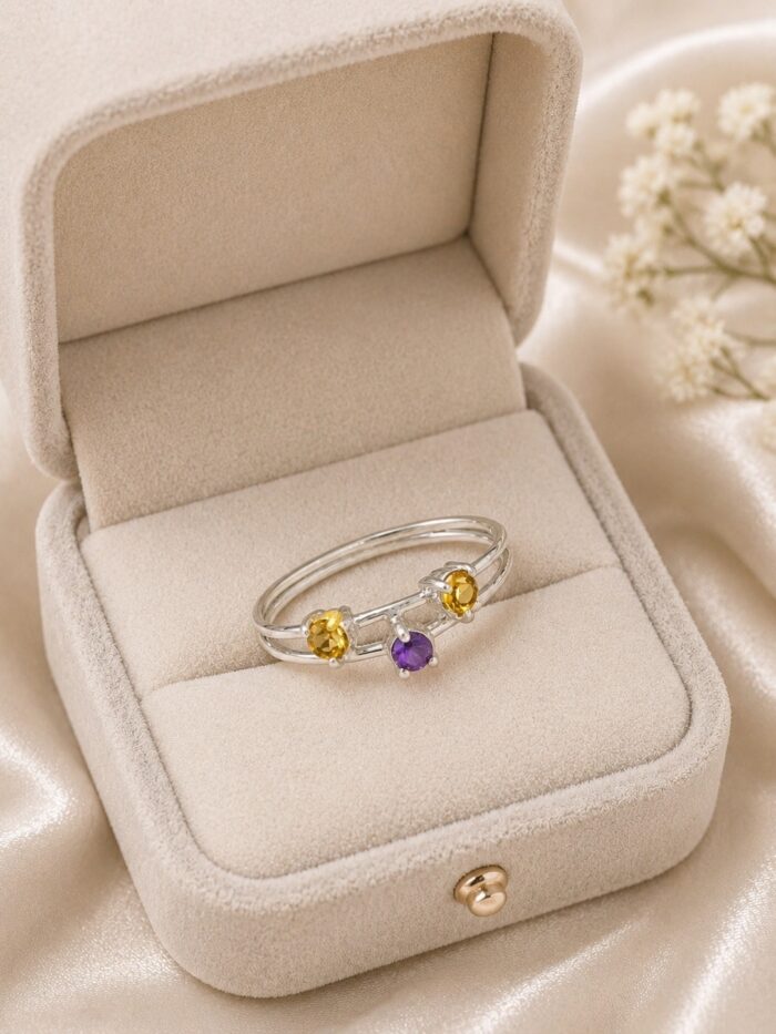 925 Silver Natural Citrine And Amethyst Mounted Double Rings Womens Ring - Image 1