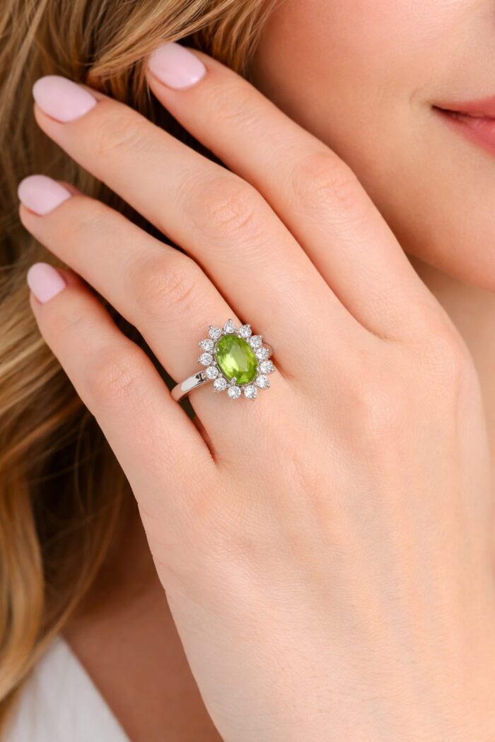 925 Silver Natural Peridot And Cubic Zirconia Womens Ring - Image 1