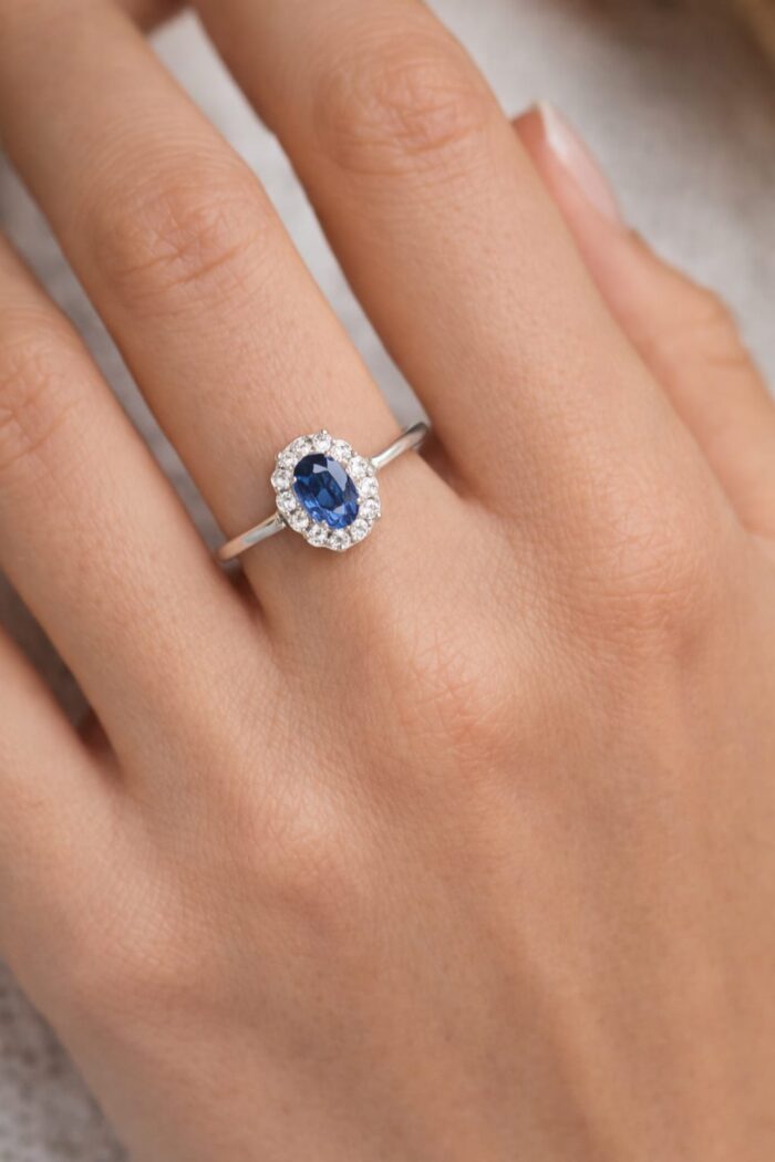 925 Silver Natural Blue Sapphire With Cz Womens Ring - Image 1